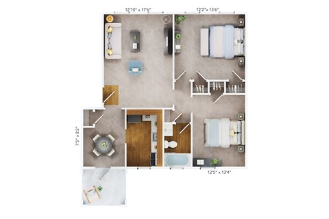 Floor plan for 2 beds, 1 bath, 803 sqft